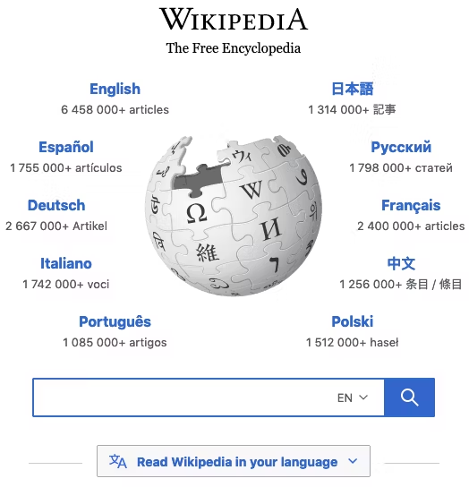 Giao diện trang chủ của web Wikipedia
