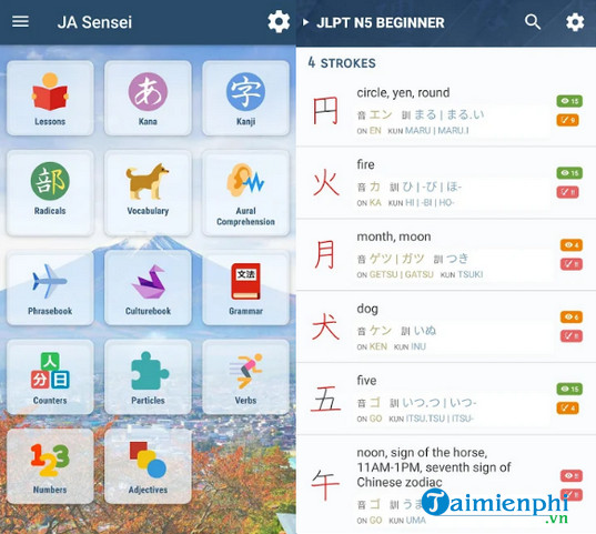 App JA Sensei với giao diện thân thiện với người dùng, dễ sử dụng
