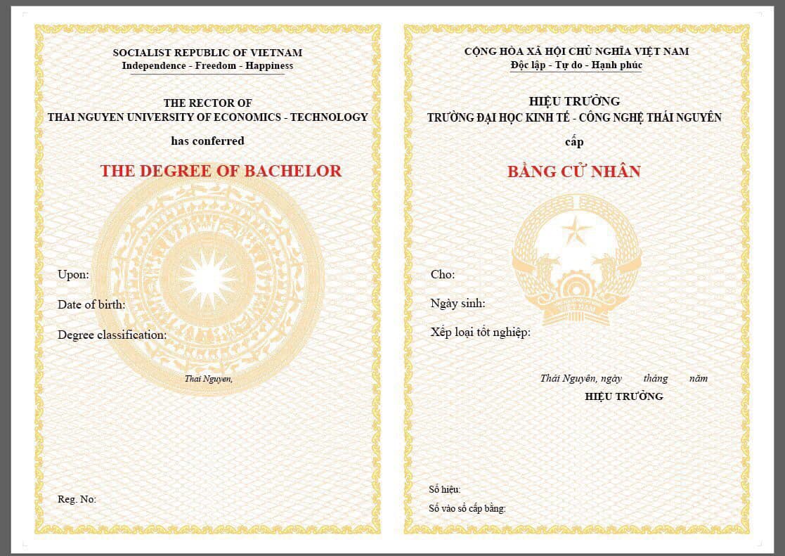 Mẫu văn bằng Cử nhân của trường Đại học Kinh tế - Công nghệ Thái Nguyên